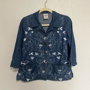 Allison Daley Blue Jean Jacket with Paisley White Embroidery